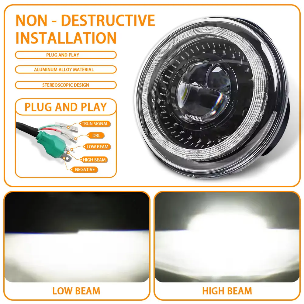 Фото 7-дюймовый светодиодный DRL H4 Halo Ring Янтарный указатель поворота для Land Rover Defender Jeep JK TJ Touring Lada 4x4 Yamaha Niva №4