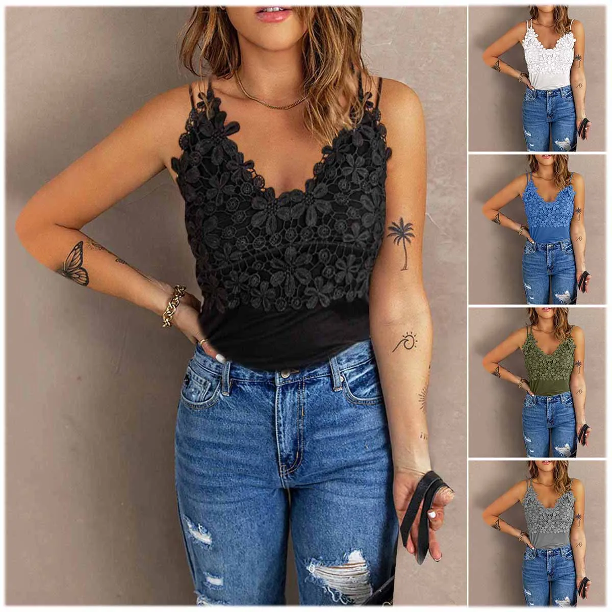 

Женская футболка, жилет, модные летние кружевные рубашки без рукавов с глубоким V-образным вырезом, Женские повседневные топы с лямкой на ше...