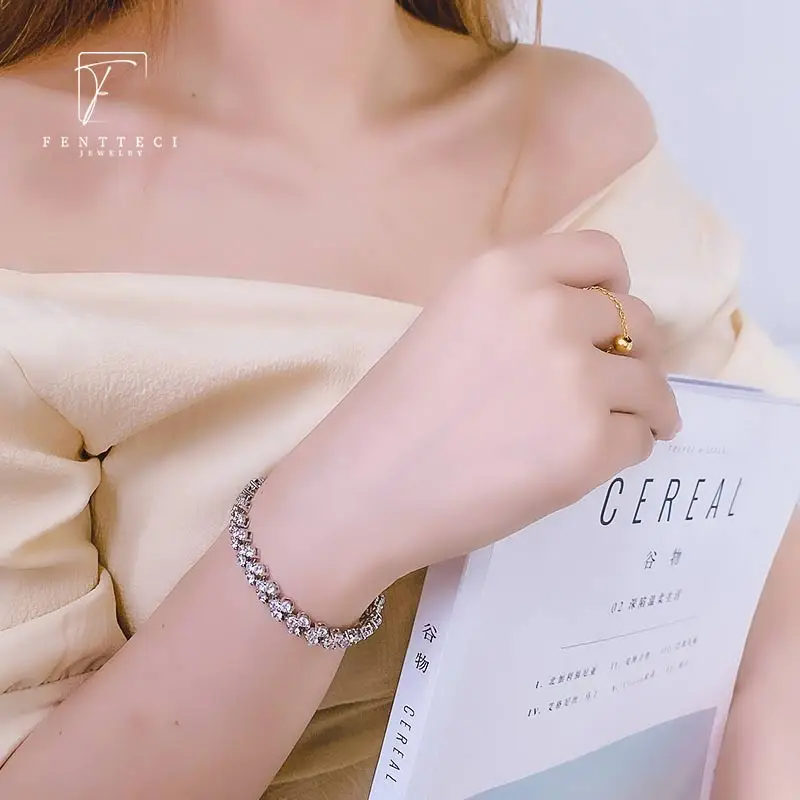 FENTTECI Newest  Sterling Silver Exquisite Luxurious And Simple Diamond Bracelet Inlaid With Female Imitation Diamond Bracelet
