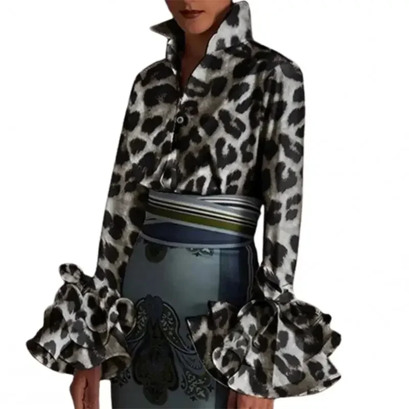 Женская блузка с леопардовым принтом и воротником-стойкой длинным рукавом
