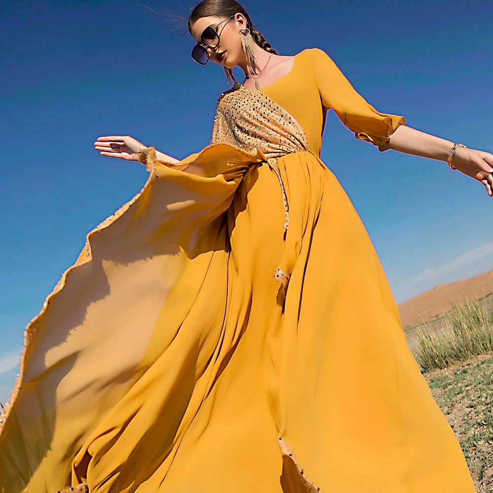 Abaya Dubai Turkey Muslim Dresses Women Moroccan Caftan Chiffon Sequins Big Swing Dresses Elegatn Lady Islamic Clothing Jelaba