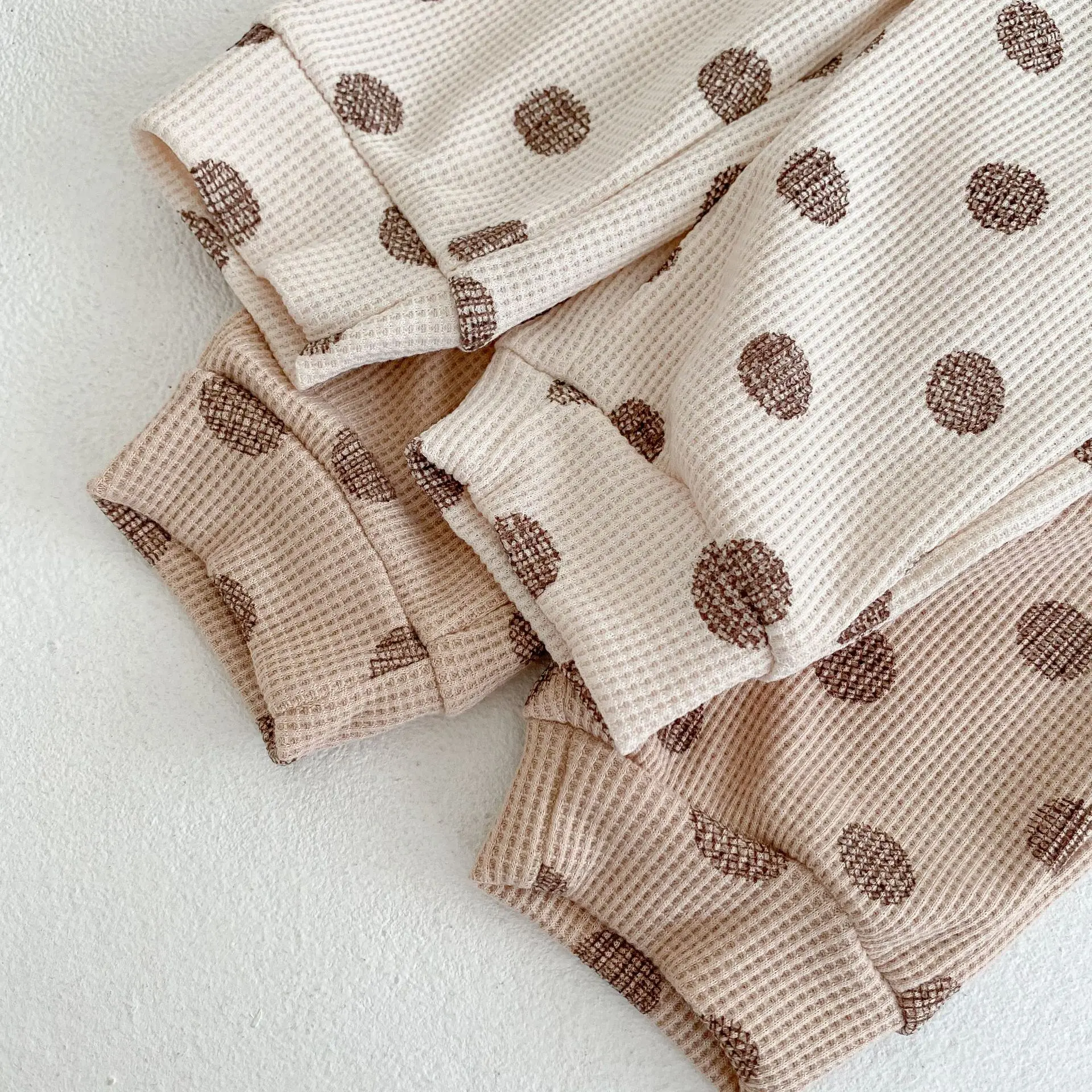 2022 Autumn New Girl Children Waffle Dots Shirt Set Boy Baby Long Sleeve T-shirt+Pants 2pcs Home Suit Infant Cotton Tops Suits