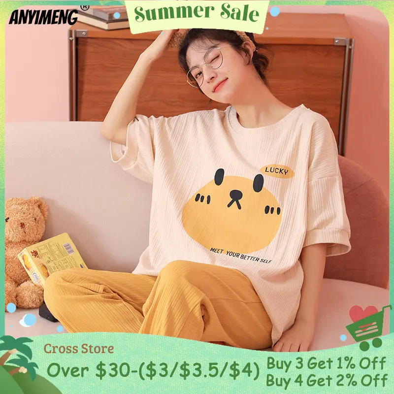 

Korean Kawaii Style Summer Spring Autumn Womens Loungewear Long Pants Short Sleeve Home Clothing Fashion Girl Cartoon Pajama Set