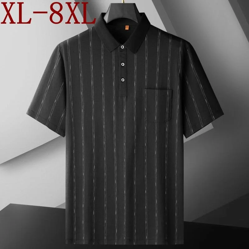 

7XL 8XL 6XL 2023 New Summer Business Striped Polo Shirt Men Tops Oversized Loose Mens Shirts With Pocket High End Male Clothing