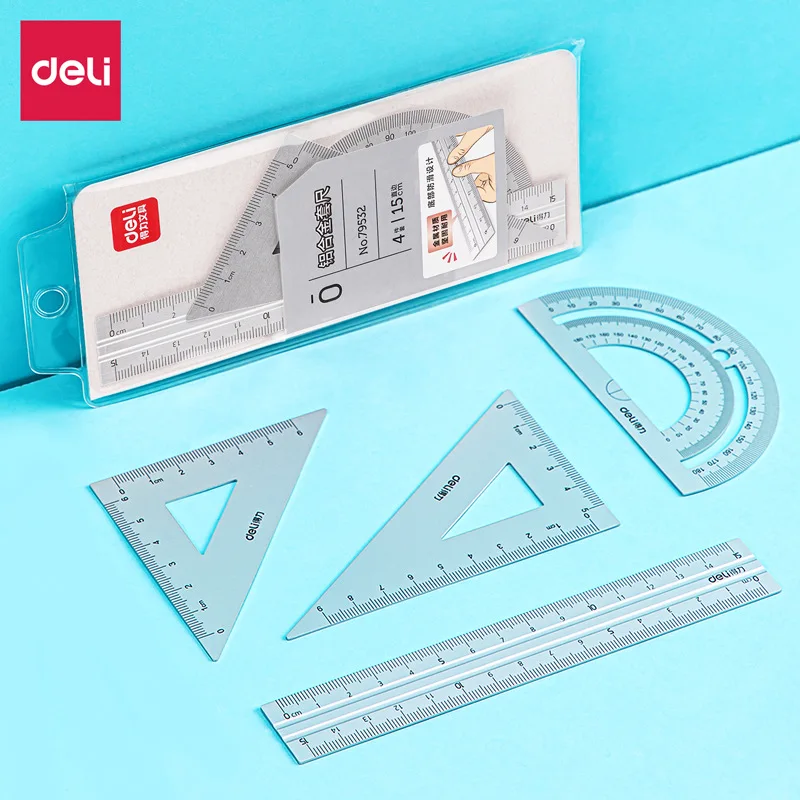 

Youpin Deli 4 in 1 Aluminium Metal Ruler Set Tool линейка Steel Ruler Inch School Stationery Supplies for Drawing Geometry Maths