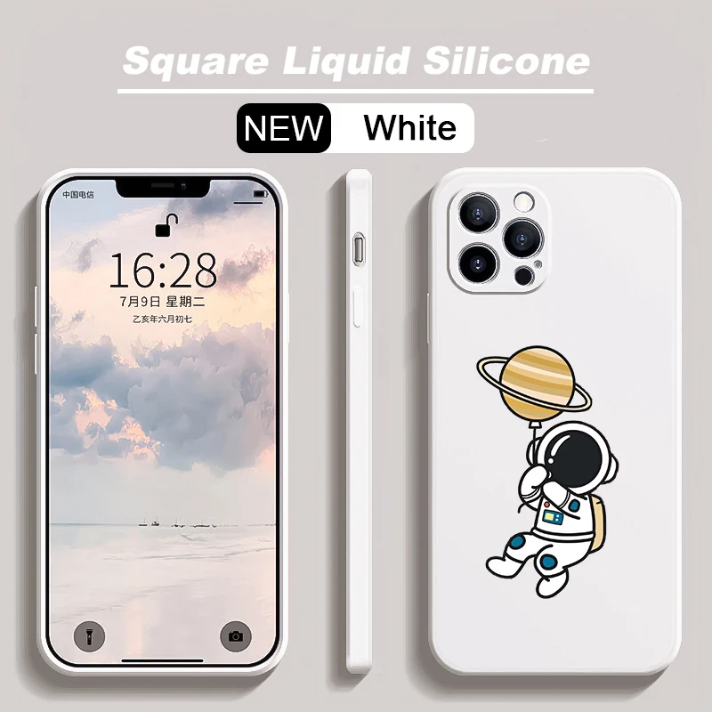 

Cartoon Space Astronaut Square Liquid Silicone Case For iPhone 14 13 11 12 Pro Max XS Max XR X 7 8 Plus SE20 Soft Bumper Cover