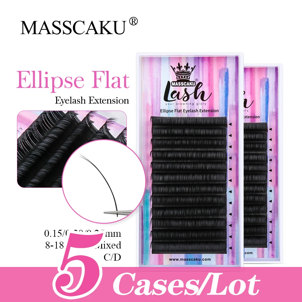 

MASSCAKU 5Cases/lot 12Lines Ellipse Flat Lashes Double Tips Shaped Individual Nature Professionals Supplies Eyelash Extension