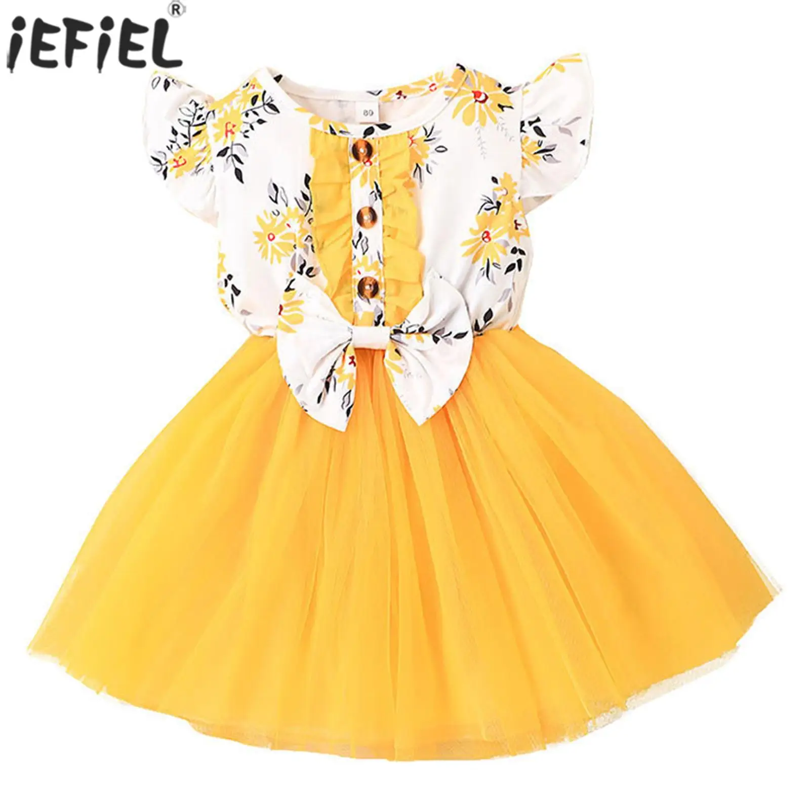 

Kids Girls Summer Vacation Dresses Flying Sleeve Round Neck Flower Print Bowknot Waist Tutu Mesh Dress for Baby Girls Daily Wear