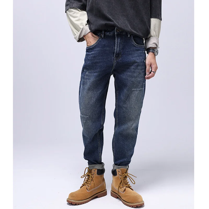 

Men Clothing Autumn and Winter Straight Loose Cylinder Jeans Vintage Chaopai Elastic Force Comfortable Blue Harun Trousers Women