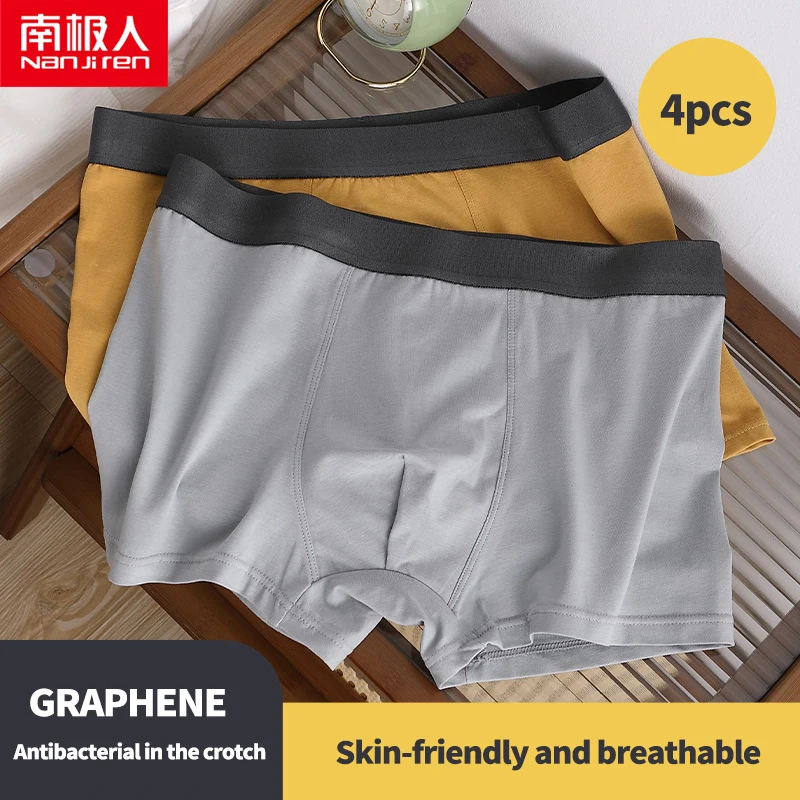 Nanjiren Pure Cotton Men Underwear Graphene Antibacterial Boxer Solid High Elastic Underpants Soft Breathable 4pcs Male Panties