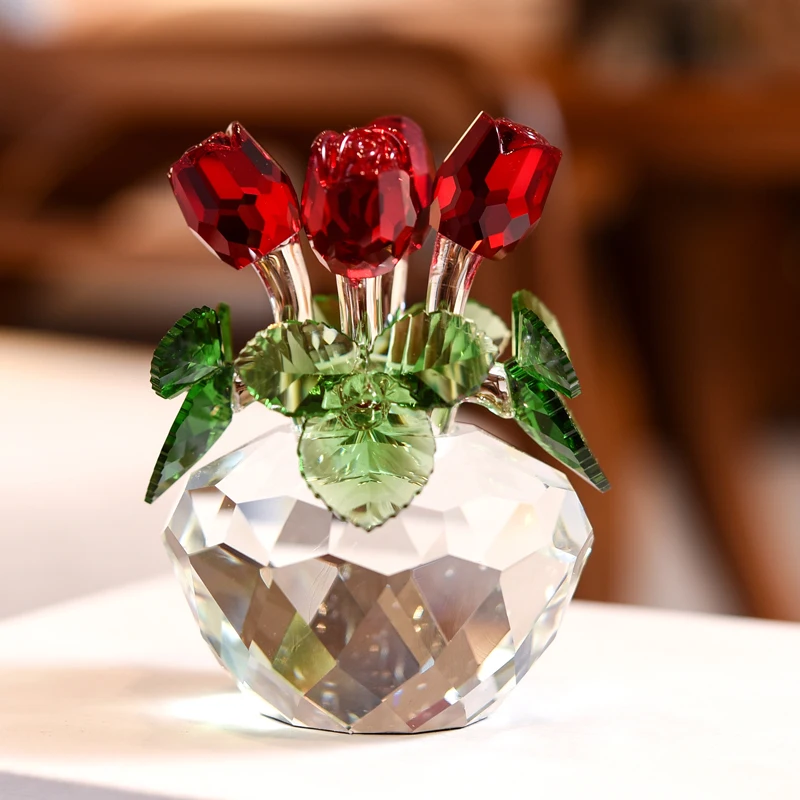 

4 Colors Crystal Rose Flower Figurine Glass Princess Style Dreamy Rose Flower Ornament Gift For Lady Home Table Wedding Decor