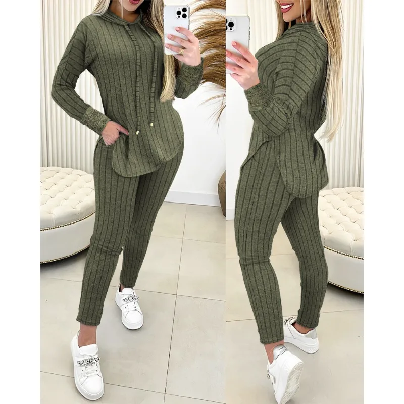 

2023 Spring Summer New Women's Clothing Width Sunken Stripe Lace Stitching Pocket Cap Top Two-Piece Pants Clothing