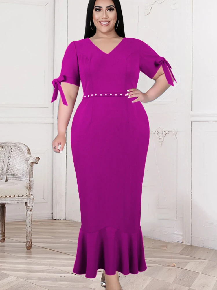 

Платье женское длинное с V-образным вырезом, облегающее офисное вечернее, с высокой талией, бусинами, с оборками и коротким рукавом, размера ...