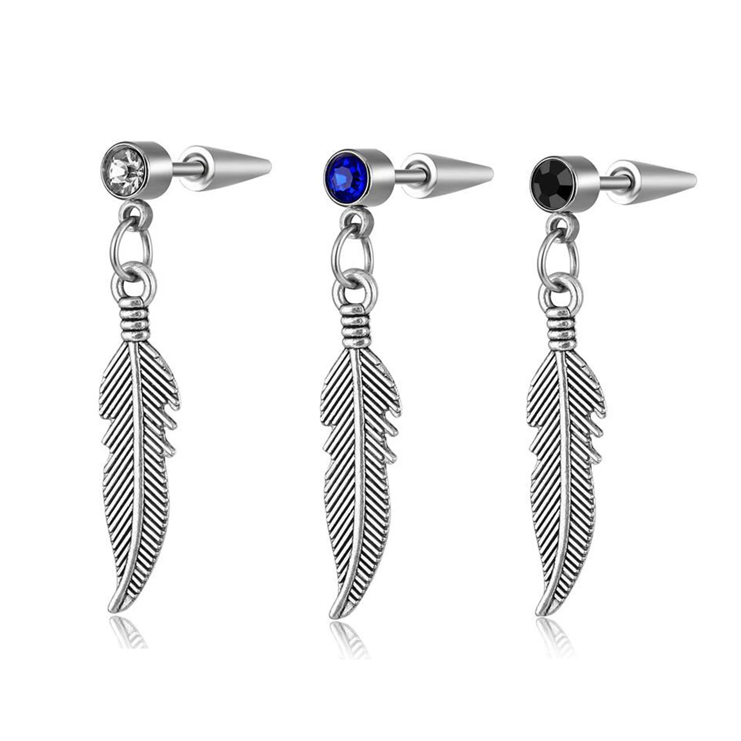 Серьги-гвоздики со стальными перьями и цирконом 1 пара