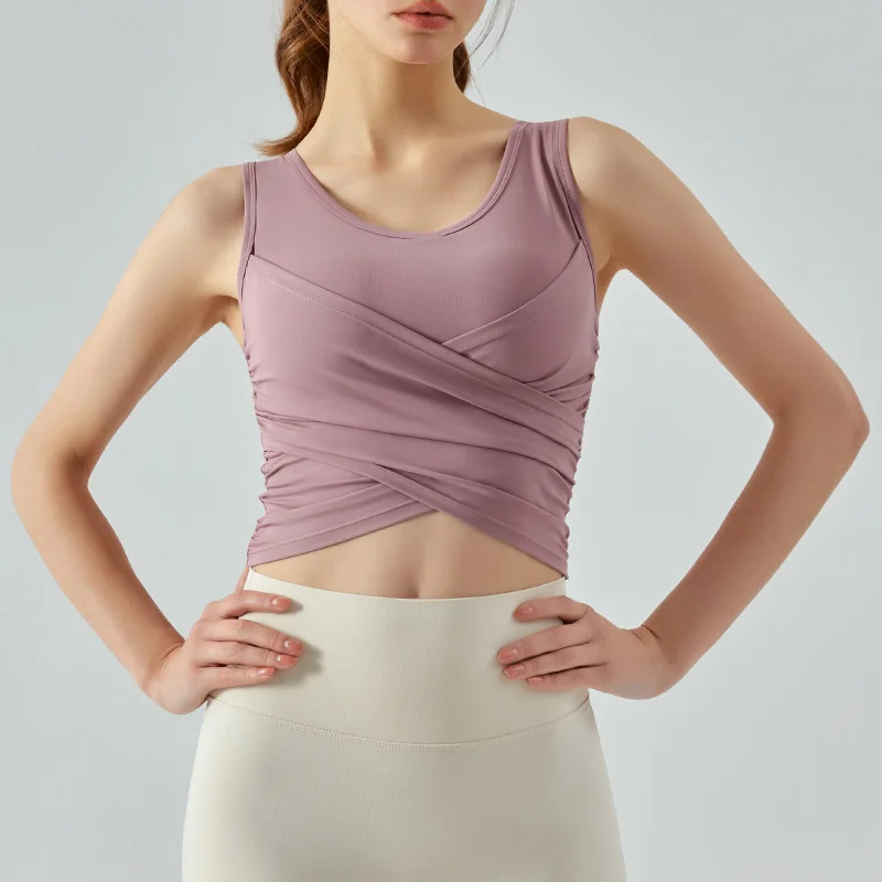 

LULU Yoga Tank Top with Chest Cushion Women's Half Fixed Cup Fitness Exercise Quick Dried Yoga Clothes Tank Top with Double Brea