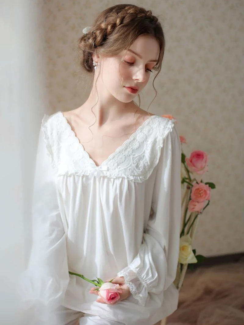 Spring Cotton Vintage Princess Long Night Loungewear French Retro Lolita Ruffles V-Neck Home Suit Sweet Lace Pajamas Sleepwear