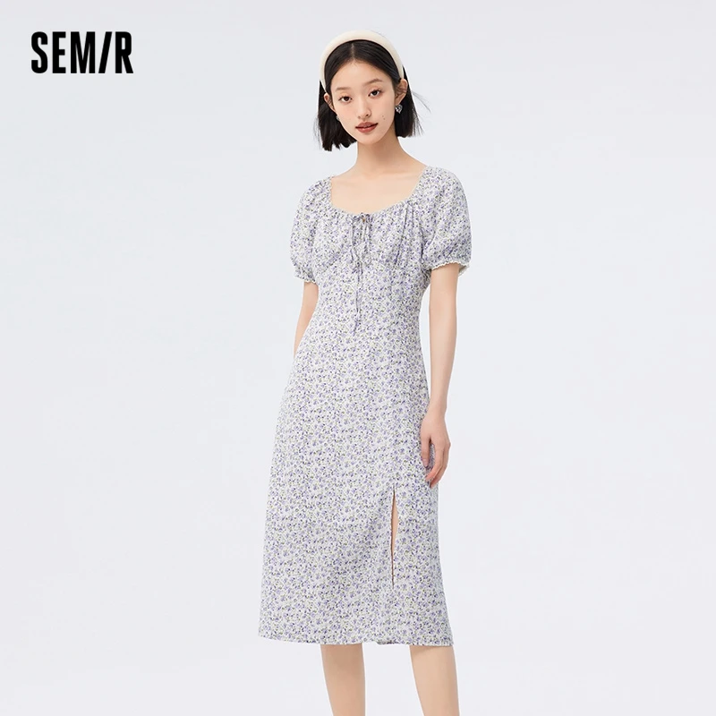 

Semir Dress Women Split Chiffon Dress Romantic 2023 New Summer Mori Square Collar Fragmented Tea Break Dress