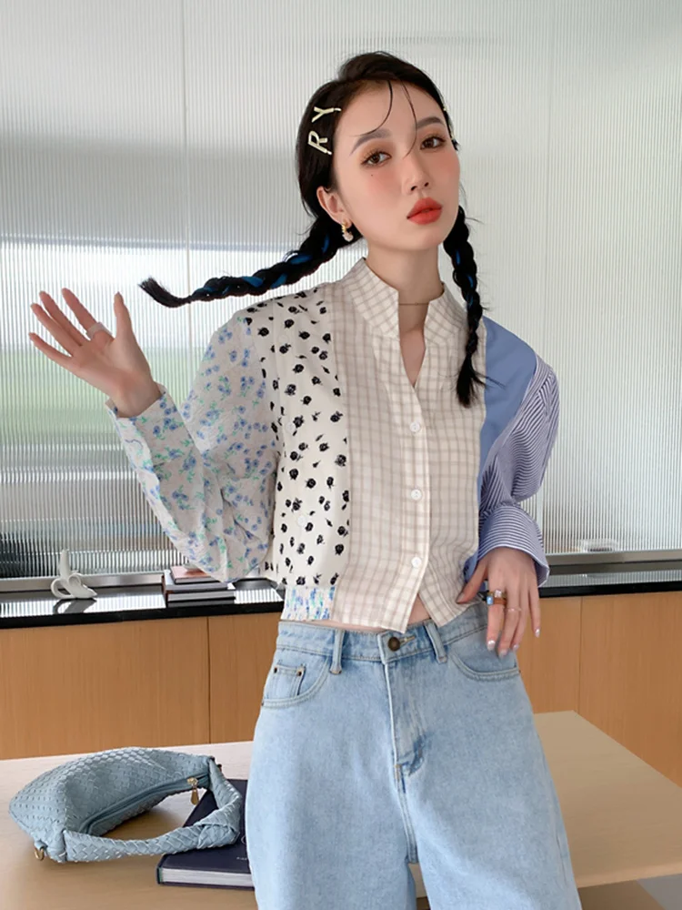 

Print Patchwork Striped Shirt For Women Stand Puff Sleeve Slim Chic Short Blouses Female 2022 Spring Fashion Clothing M099