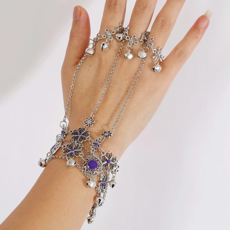 

Vintage Finger Ring Bracelet For Women Adjustable Boho Hollow Silver Color Bells Link Chain Bracelet Bangle Jewelry