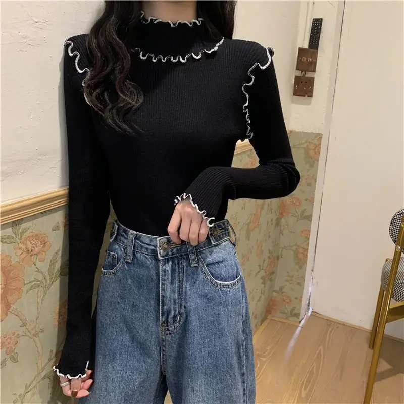 

Vintage Ruffles Sweater Pullover Women 2022 Spring And Autumn Warm Long-Sleeve Jumper Female Korean Solid Chic Tops Classic Z40