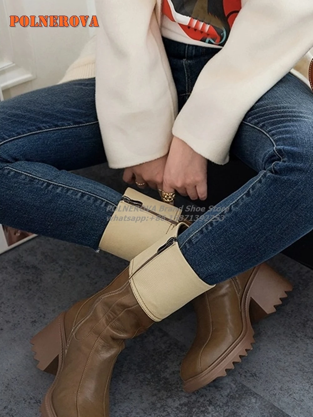 Теплые зимние сапоги с мехом боковой молнией квадратный носок на блочном каблуке