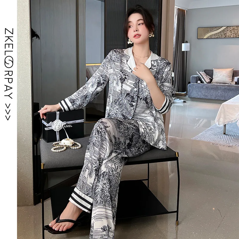 2022 ice and snow silk pajamas women's spring and autumn high-end fashion printing suit small red book net red home clothes thin