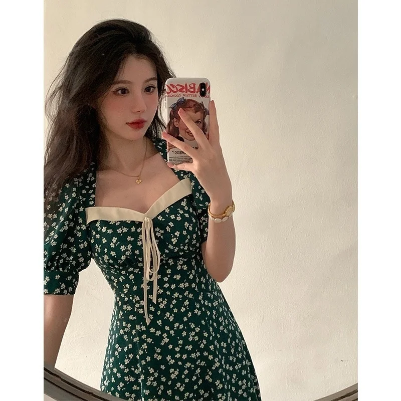 

2022 Dresses Women Retro Puff Sleeve Printed Dress For Female Summer Temperament Waist Square Neck A-line Ladies Short Dress