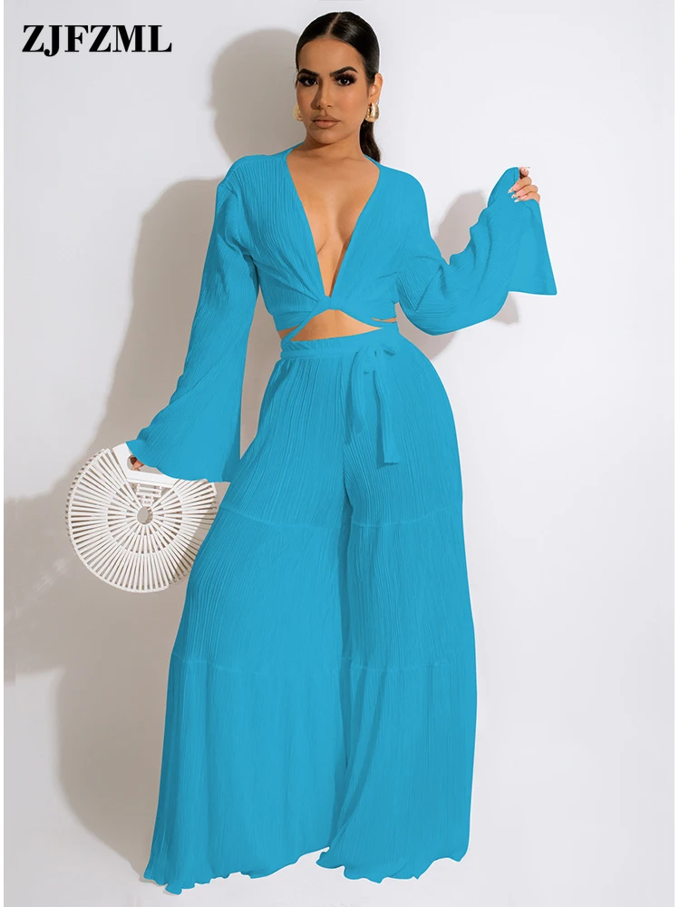 

Refreshing Women's 2-piece Summer Set Twist Front Long Flare Sleeve Crop Top High Waist Pleated Wide Leg Trouser Holiday Suits
