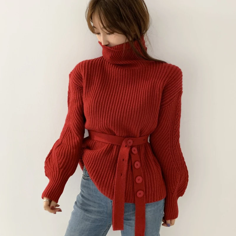 Женская винтажная одежда красный вязаный свитер с высоким воротником и длинными