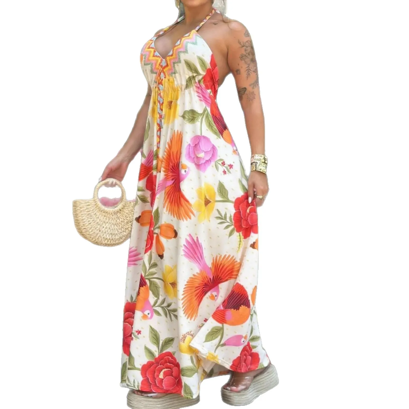 Фото Модное повседневное женское платье-камисоль с V-образным вырезом и принтом, высококачественное, для отпуска, с рисунком птиц и цветов, в стиле бохо, летнее №5