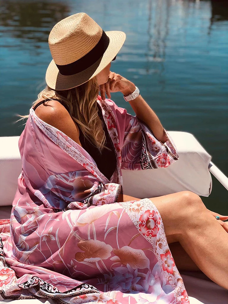 Пляжная накидка в стиле оверсайз Fitshinling кимоно с винтажным цветочным принтом