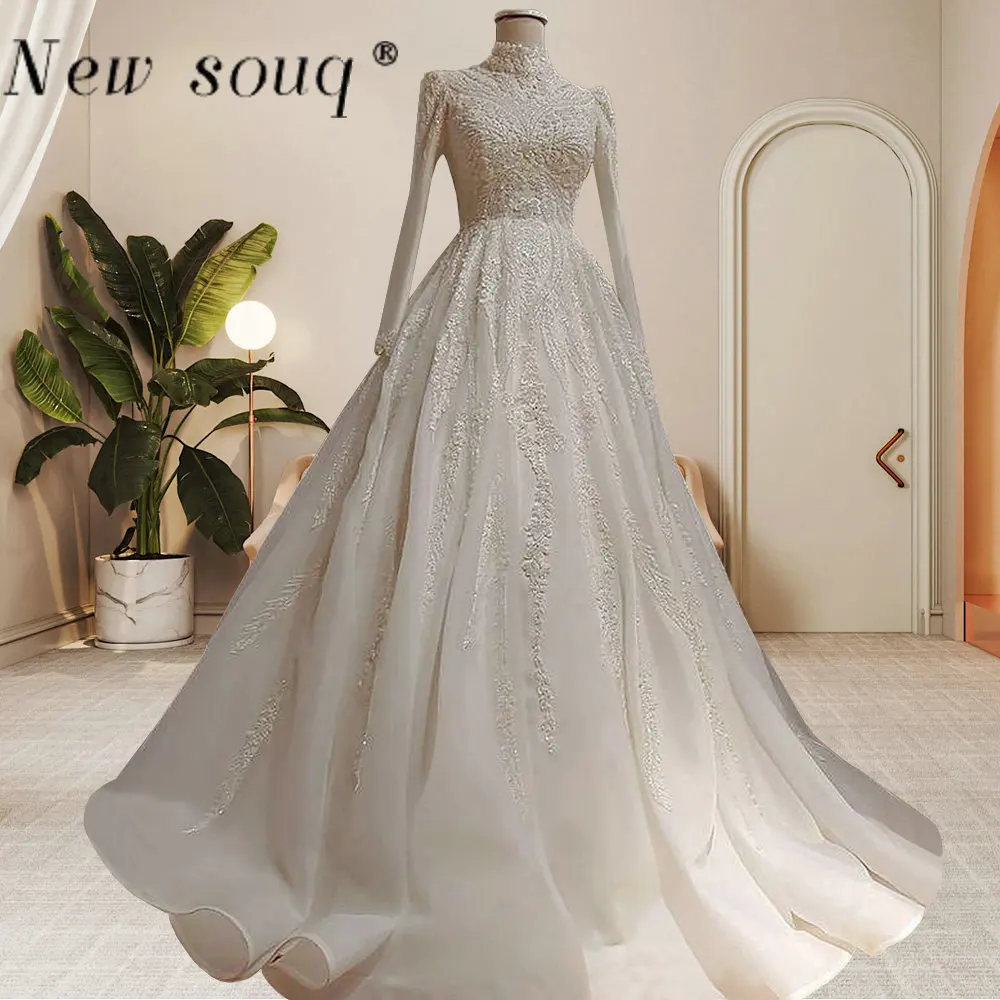 

Arabic Beaded Muslim Evening Gowns Long Sleeve Formal Occasion Dress A Line High Neck Turkey Wedding Party Dresses Middle East
