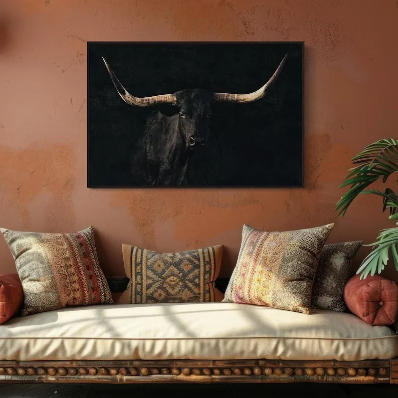 Западный Техас Лунхорн Корова Дикие Животные Природа Пейзаж Ретро Плакат Холст