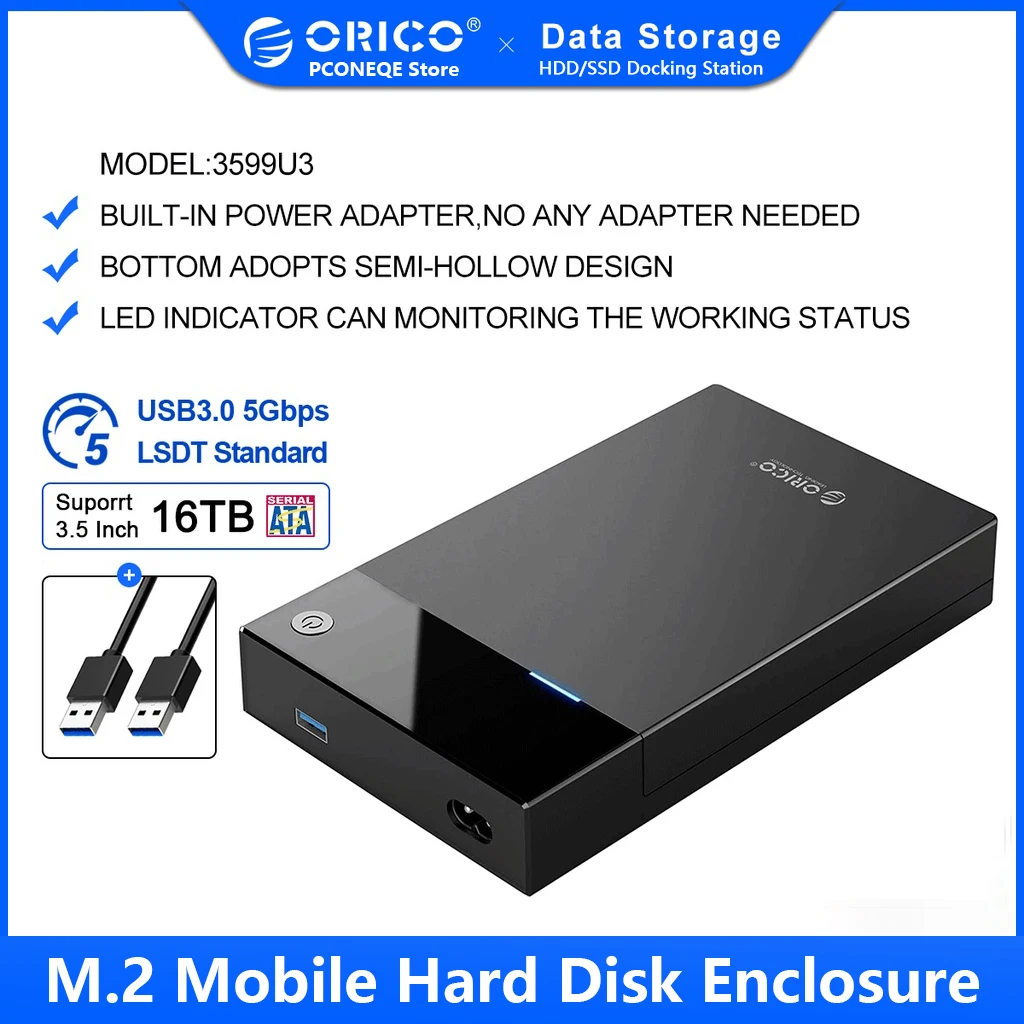 

ORICO 3.5 Inch HDD Case Bulit-in Power 12V Portable SATA to USB 3.0 Hard Drive Enclosure Support 16TB HDD UASP（3599U3）