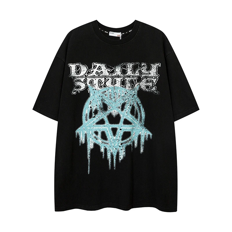 

Men Streetwear Tees Letter Pentacle Graphic T-shirts Harajuku Hip Hop Oversized Washed Tshirt Cotton Short Sleeve Casual Tops