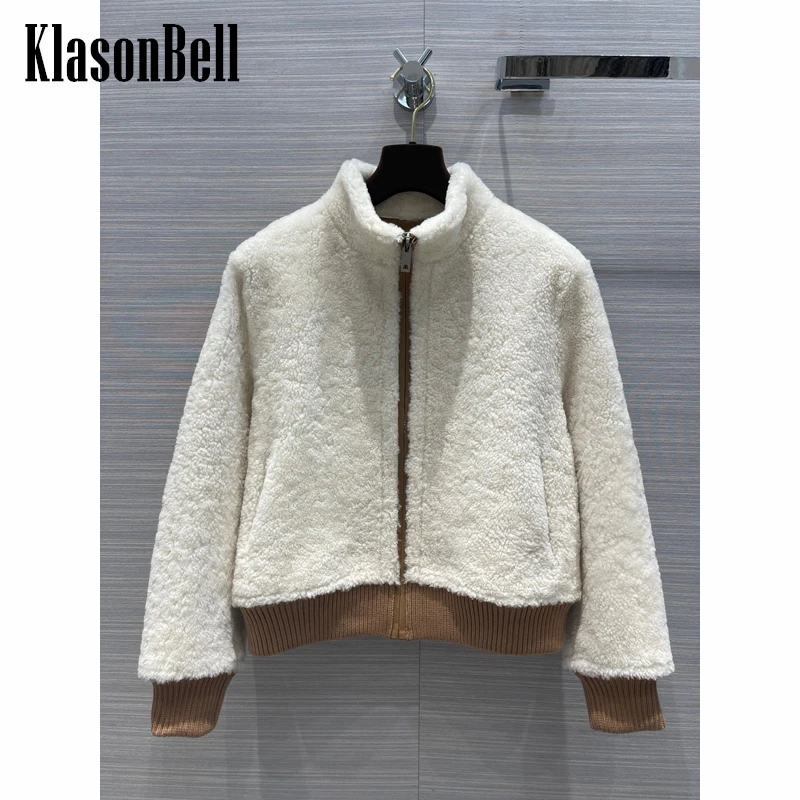 

9.20 KlasonBell Temperament Stand Collar Lining Sheepskin Zipper Short Keep Warm Lamb Fur Jacket Women