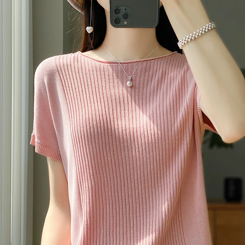 

Women's T-shirt summer new solid color sweater short-sleeved casual knitwear ladies Tops round neck Tees loose Overside Blouse