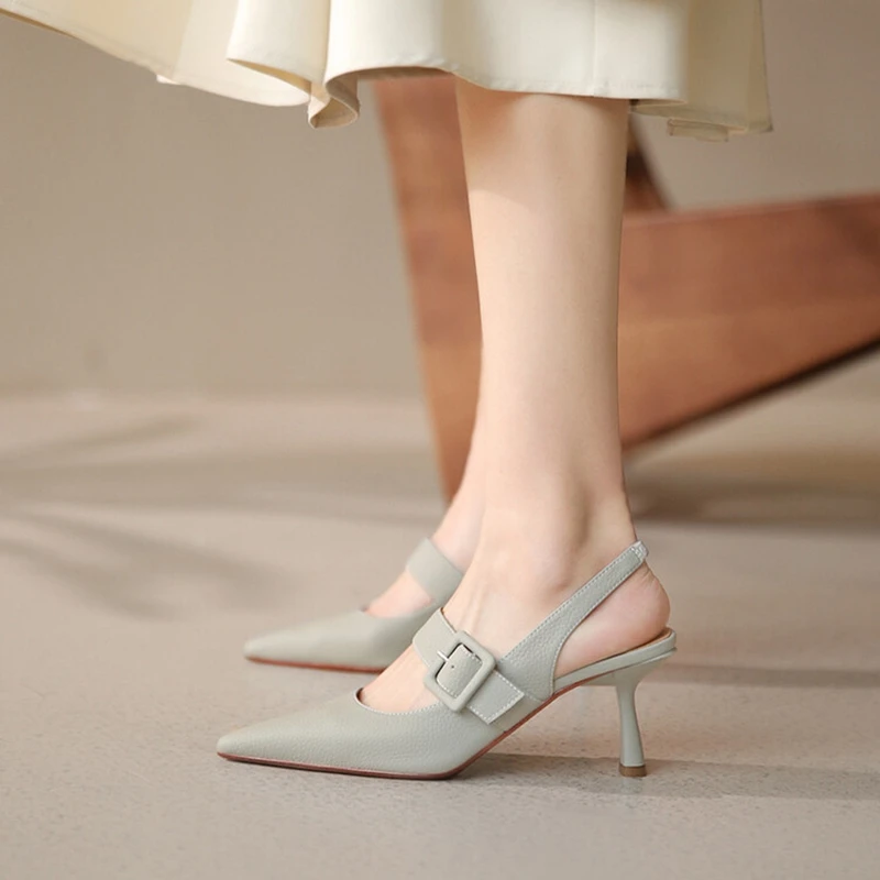 

2022 Summer/Spring Women Shoes Pointed Toe Thin Heel Sandals Chic Shoes Women High Heels Split Leather Shoes Women Party Shoes