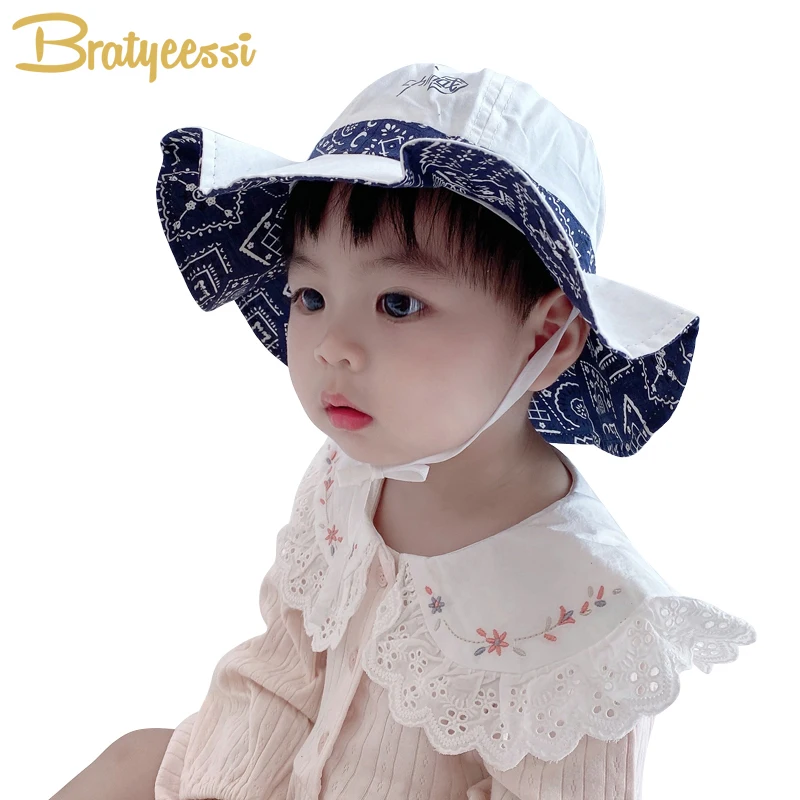 

2022 Big Brim Kids Bucket Hats Girls Boys Cotton Summer Baby Cap Sun Block Baby Hat Chinese Style Children Sunhat 6-24M