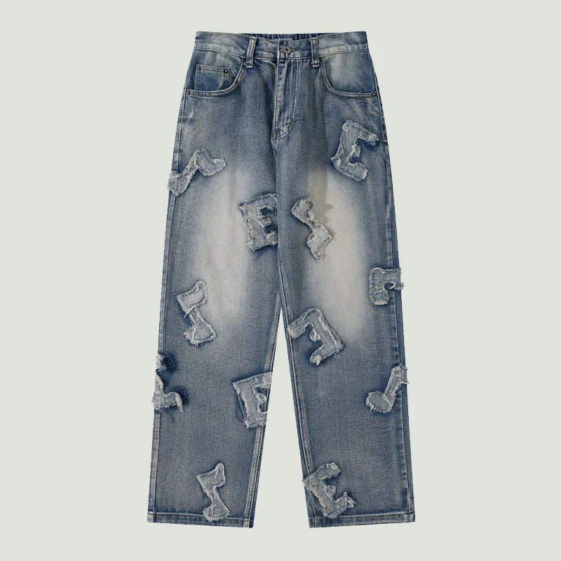 

High Street Baggy Jeans Mens Distressed Letter Embroidery Patchwork Denim Pants Male Casual Straight-Leg Elastic Waist Trousers