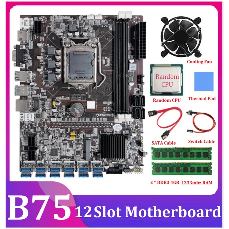 

B75 BTC Mining Motherboard 12 PCIE To USB LGA1155 2XDDR3 4GB 1333Mhz RAM+Randomcpu+SATA Cable B75 ETH Miner Mining