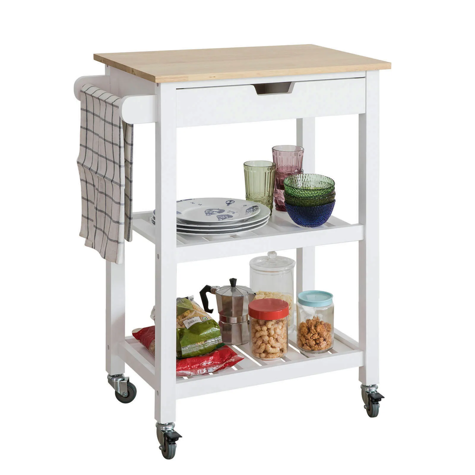 

SoBuy FKW66, Kitchen Storage Serving Trolley Kitchen Shelf with Rubber Wood Top 1 Drawer 2 Shelves