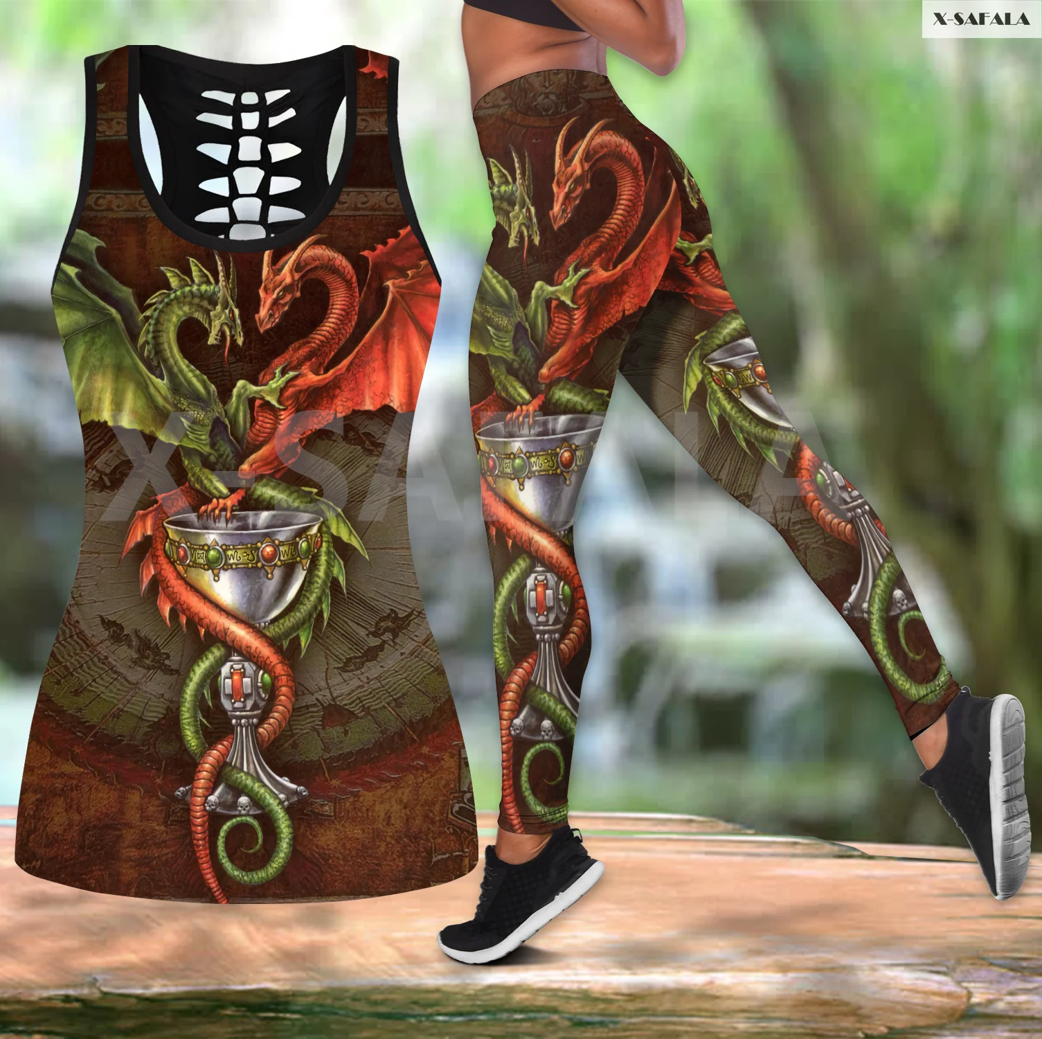

Gothic Dragon Couple 3D Printed Women Two Piece Yoga Set Vest Hollow Combo Tank Top Legging Waist Sport Fitness Quick Dry E19