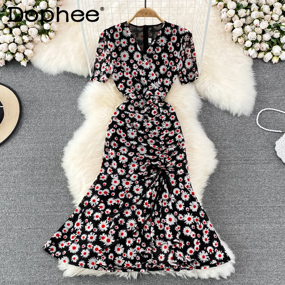 

Graceful V-neck Slimming Puff Short Sleeve Maxi Dress Women Vintage Floral Fishtail Dress 2022 Summer Vacation Seaside Vestidos