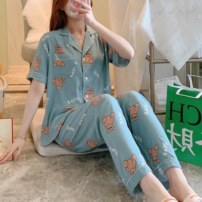 Ladies Pajamas Spring Autumn Long Sleeves Cotton Silk Short Sleeve Trousers Women Lounge Pajamas Set
