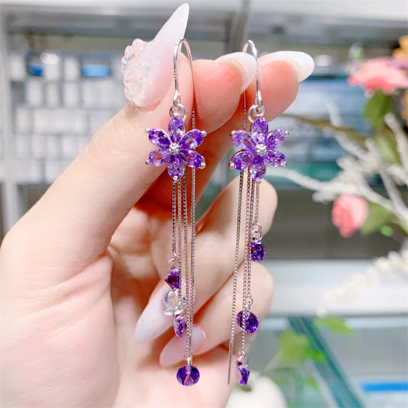 

New crystal flower earrings s925 sterling silver fashion design long tassel ear line temperament crystal zircon earrings