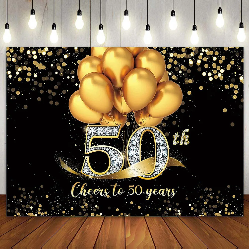 

Happy 50th Birthday Backdrop Party Banner Black Gold Cheers to 50 Years Glitter Dot Balloon for Women Men Photography Background