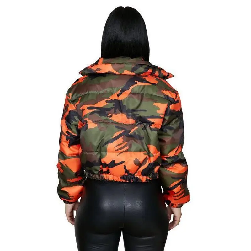 High Street Outwear Night Club Jacket Tops 2023 Winter Women Short Parkas High Collar Full Sleeve Zipper Camouflage Print Coats