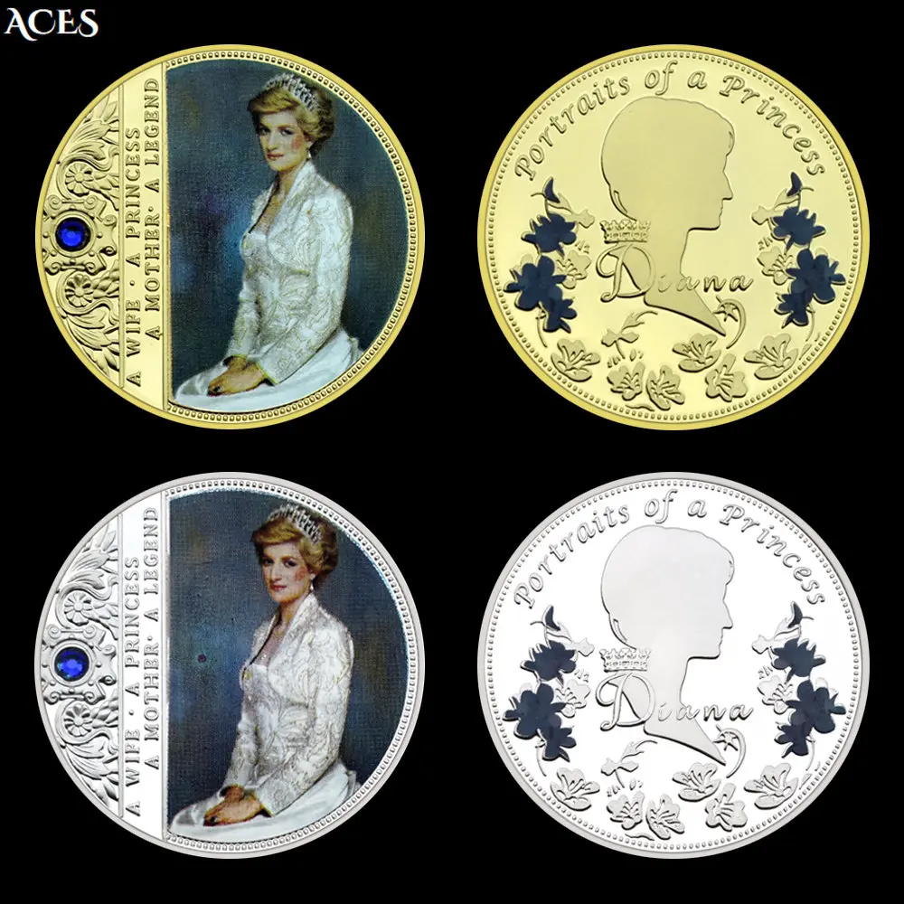 

2pcs Princess Diana GOLD/silver Coin Collectibles Forever Princess Coin with Blue Crystal The Last Roes of England Souvenir