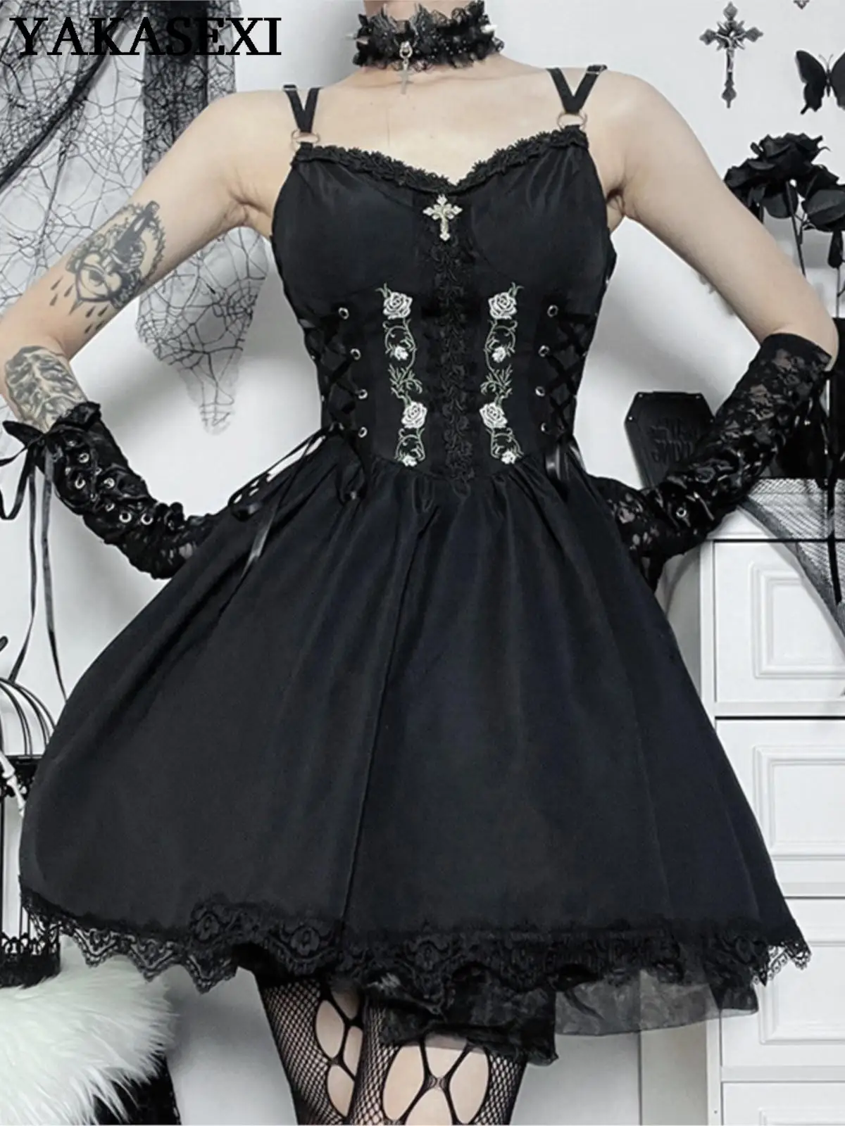 

YAKASEXI 2023 AltGoth Lolita Dress Women Harajuku Grunge Gothic Strapless Bandage Corset Dress Black Vintage Kawaii Partywear
